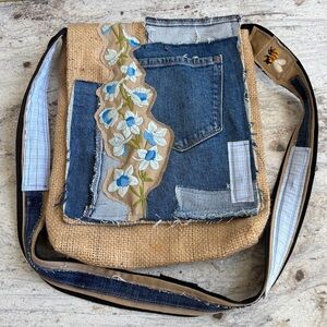 Handcrafted Denim & Burlap Floral Appliqué Crossbody Bag Honeybee Peace Purse